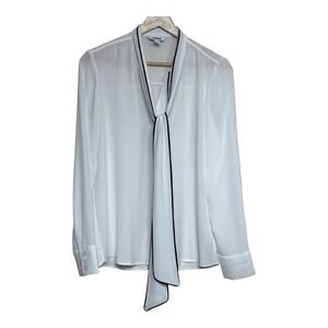 Express White Black Trim Long Sleeve Tie Neck Sheer Blouse Top Women's XS
